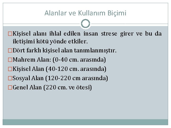 Alanlar ve Kullanım Biçimi �Kişisel alanı ihlal edilen insan strese girer ve bu da