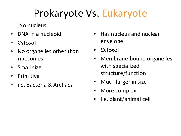 Prokaryote Vs. Eukaryote • • • No nucleus DNA in a nucleoid Cytosol No