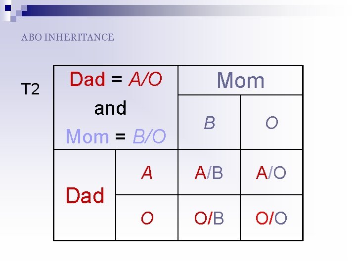 ABO INHERITANCE T 2 Dad = A/O and Mom = B/O Mom B O