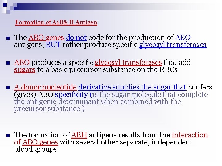 Formation of A 1 B& H Antigen n The ABO genes do not code
