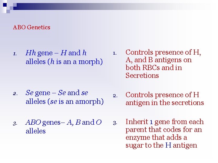 ABO Genetics 1. Hh gene – H and h alleles (h is an a