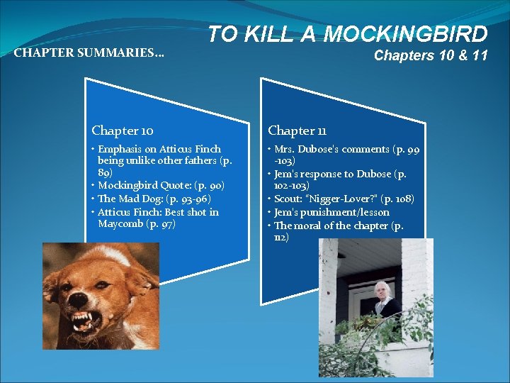 CHAPTER SUMMARIES… TO KILL A MOCKINGBIRD Chapters 10 & 11 Chapter 10 Chapter 11