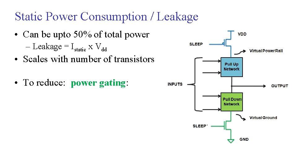 Static Power Consumption / Leakage • Can be upto 50% of total power –