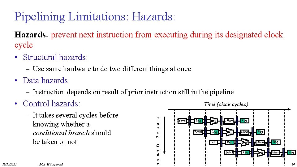 Pipelining Limitations: Hazards: prevent next instruction from executing during its designated clock cycle •