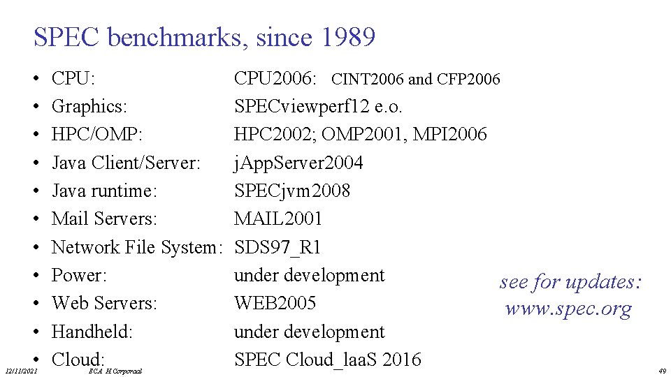 SPEC benchmarks, since 1989 • • • 12/11/2021 CPU: Graphics: HPC/OMP: Java Client/Server: Java