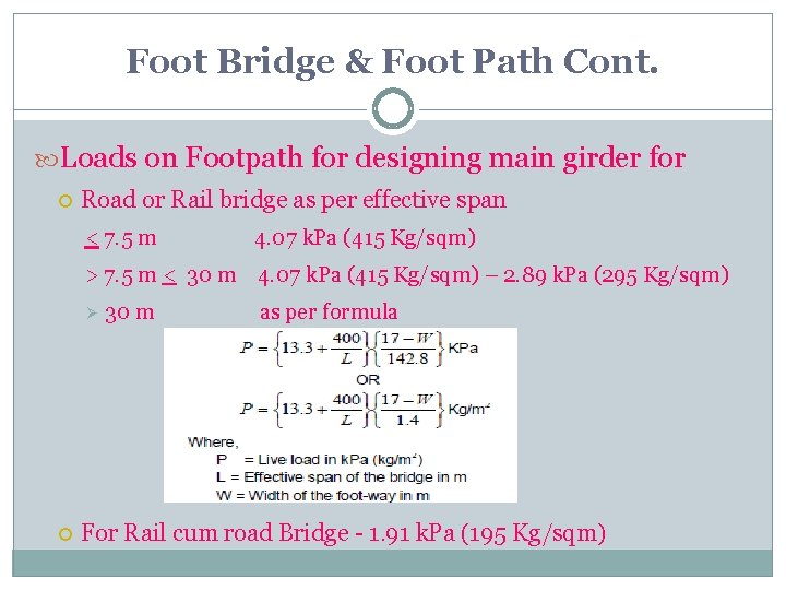 Foot Bridge & Foot Path Cont. Loads on Footpath for designing main girder for