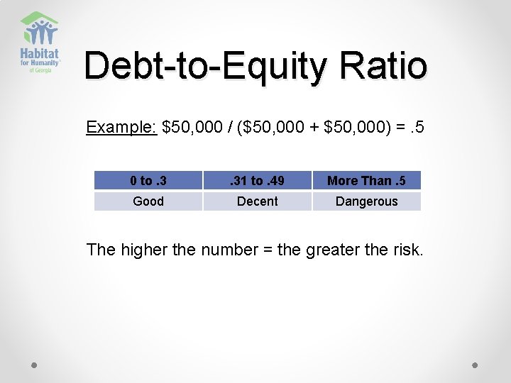 Debt-to-Equity Ratio Example: $50, 000 / ($50, 000 + $50, 000) =. 5 0