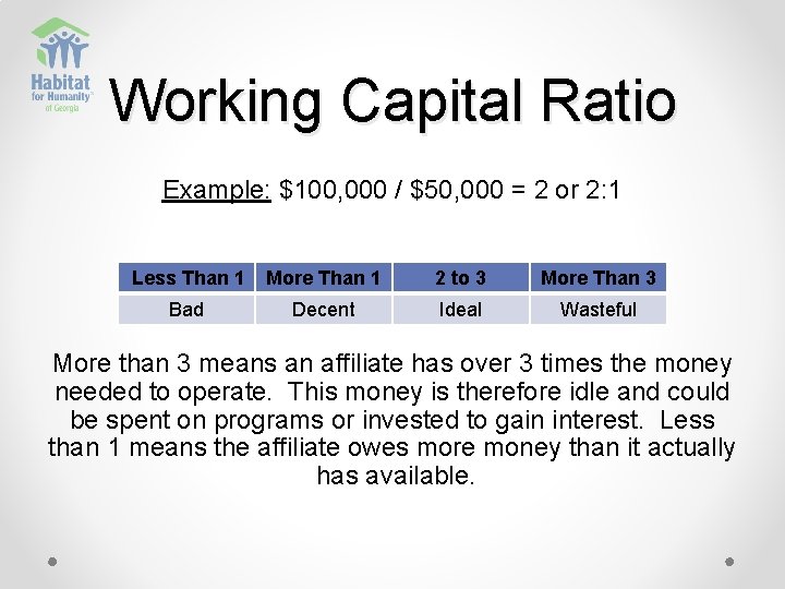 Working Capital Ratio Example: $100, 000 / $50, 000 = 2 or 2: 1