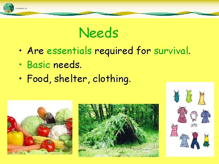 Needs • Are essentials required for survival. • Basic needs. • Food, shelter, clothing.