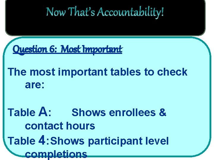 Question 6: Most Important The most important tables to check are: Table A: Shows