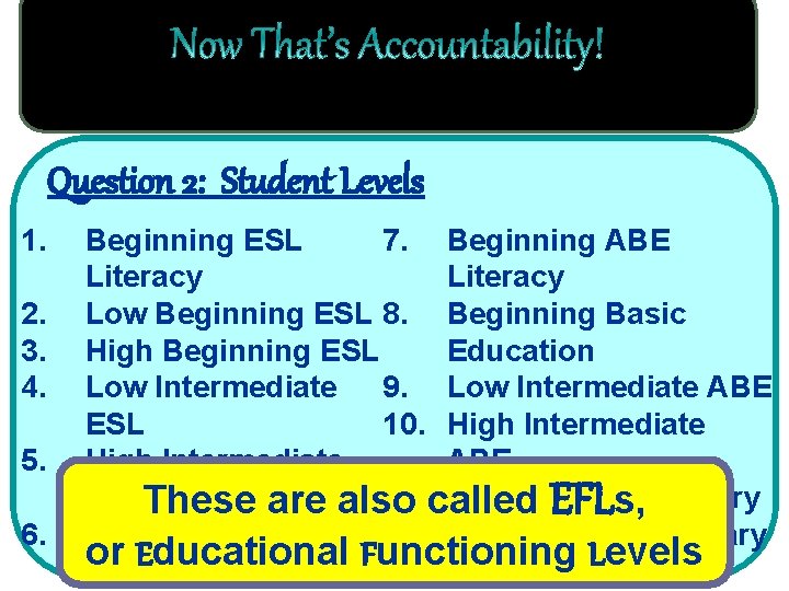 Question 2: Student Levels 1. 2. 3. 4. 5. 6. Beginning ESL 7. Beginning