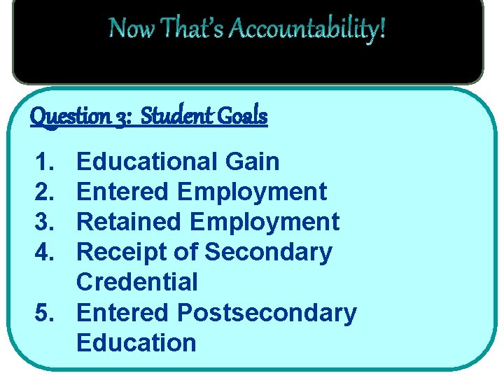 Question 3: Student Goals 1. 2. 3. 4. Educational Gain Entered Employment Retained Employment