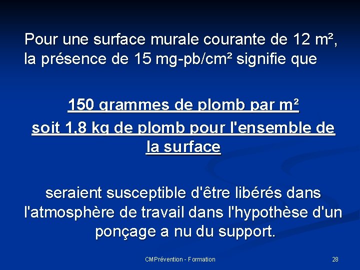 Pour une surface murale courante de 12 m², la présence de 15 mg-pb/cm² signifie