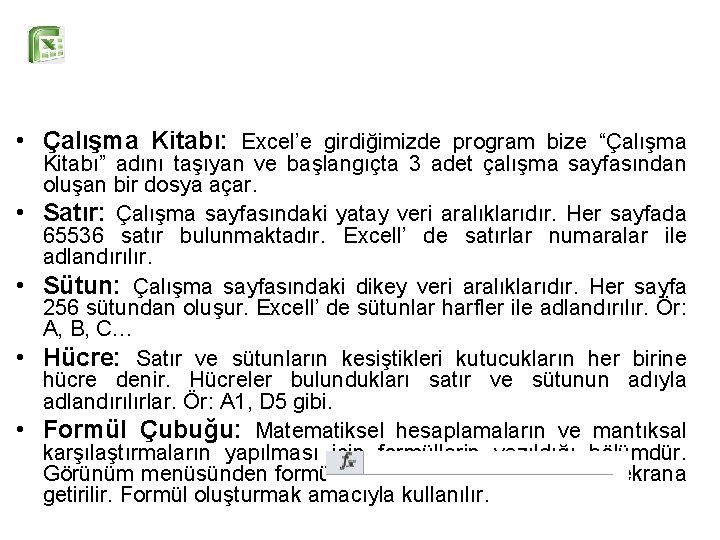  • Çalışma Kitabı: Excel’e girdiğimizde program bize “Çalışma • • Kitabı” adını taşıyan