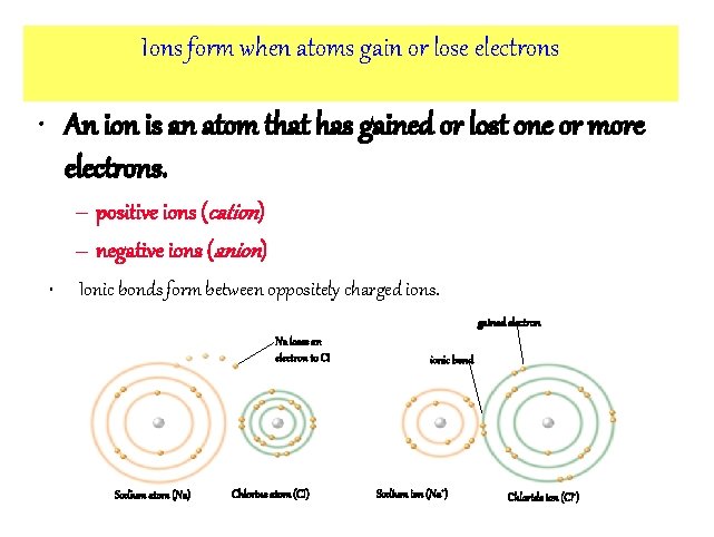 Ions form when atoms gain or lose electrons • An ion is an atom