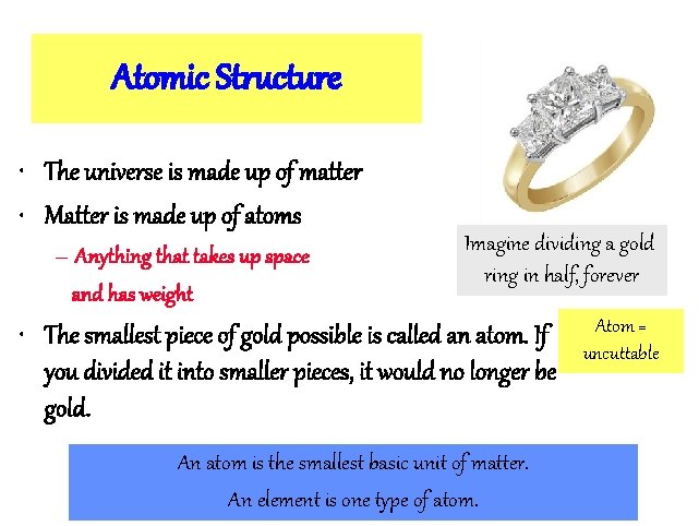 Atomic Structure • The universe is made up of matter • Matter is made