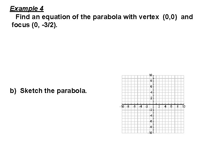 Example 4 Find an equation of the parabola with vertex (0, 0) and focus