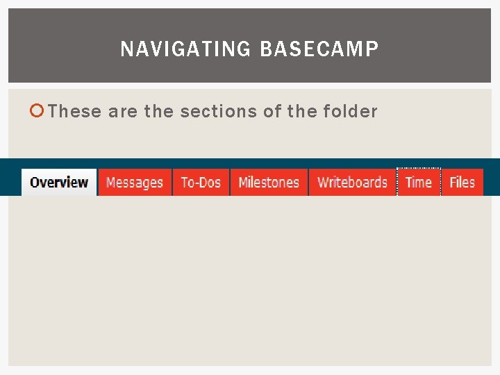 NAVIGATING BASECAMP These are the sections of the folder 