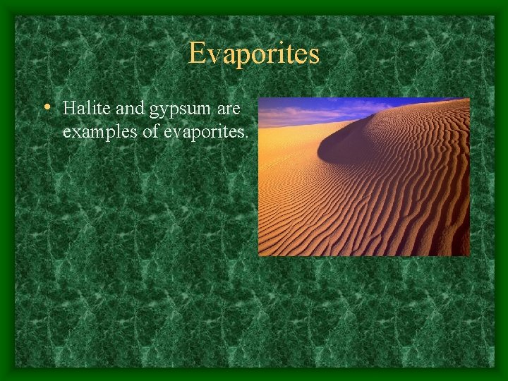 Evaporites • Halite and gypsum are examples of evaporites. 