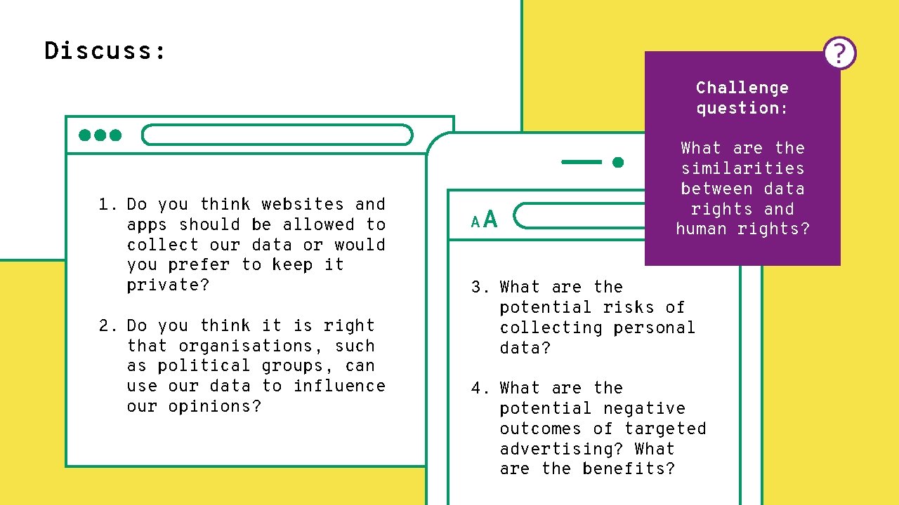 Discuss: Challenge question: 1. Do you think websites and apps should be allowed to