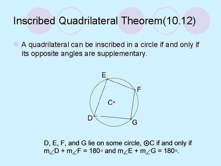 Inscribed Quadrilateral Theorem(10. 12) l A quadrilateral can be inscribed in a circle if