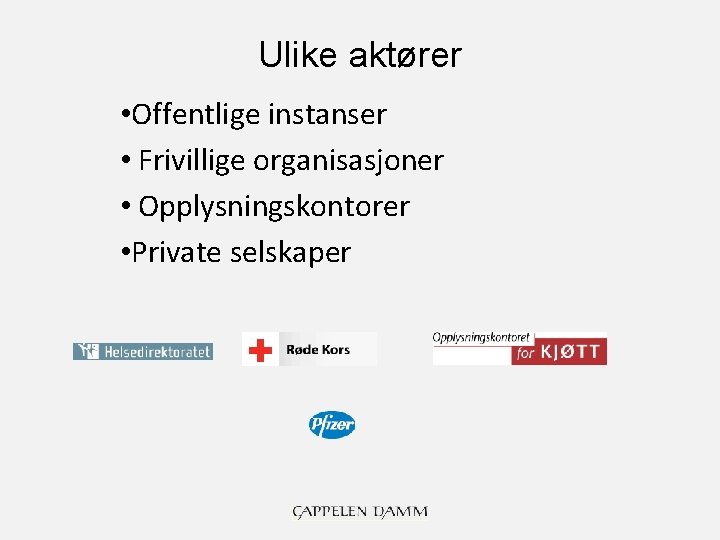 Ulike aktører • Offentlige instanser • Frivillige organisasjoner • Opplysningskontorer • Private selskaper 