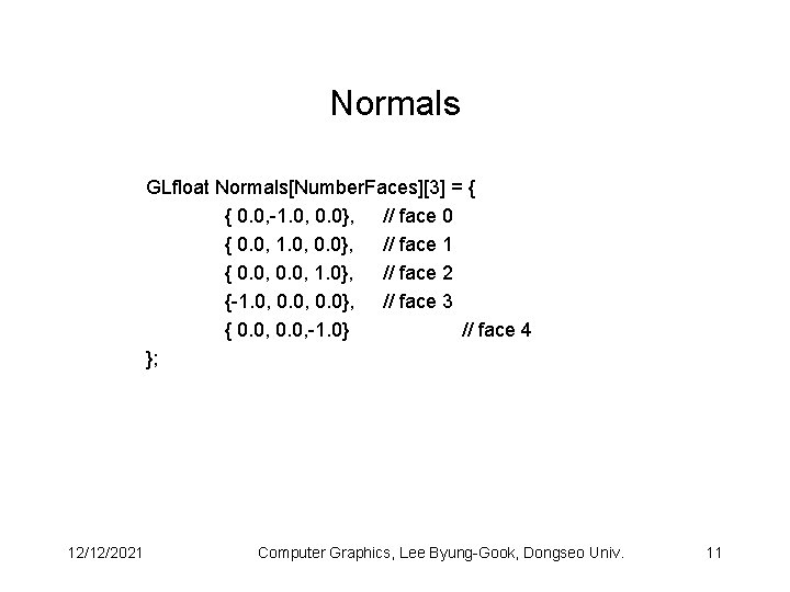 Normals GLfloat Normals[Number. Faces][3] = { { 0. 0, -1. 0, 0. 0}, //