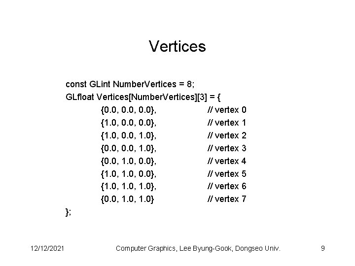 Vertices const GLint Number. Vertices = 8; GLfloat Vertices[Number. Vertices][3] = { {0. 0,