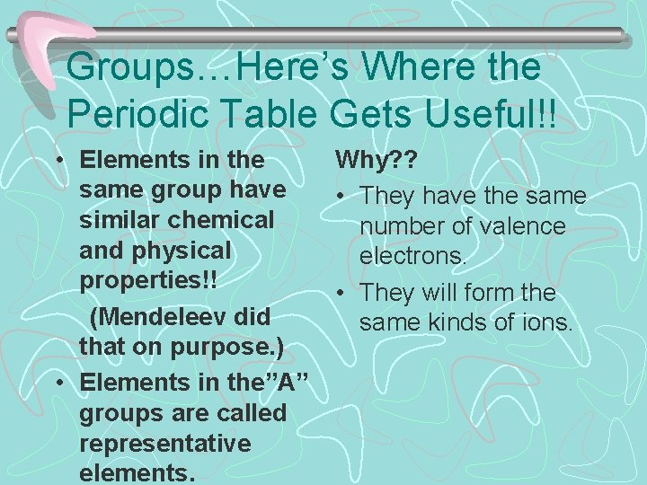 Groups…Here’s Where the Periodic Table Gets Useful!! • Elements in the same group have