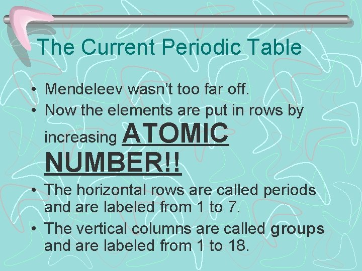 The Current Periodic Table • Mendeleev wasn’t too far off. • Now the elements