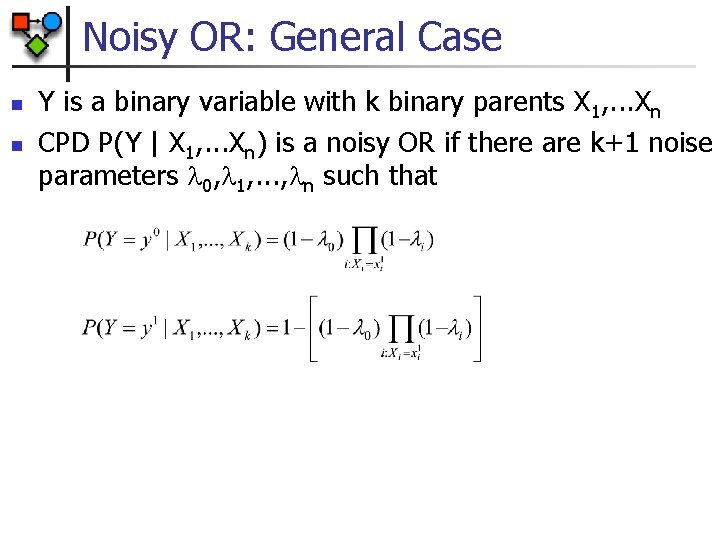 Noisy OR: General Case n n Y is a binary variable with k binary