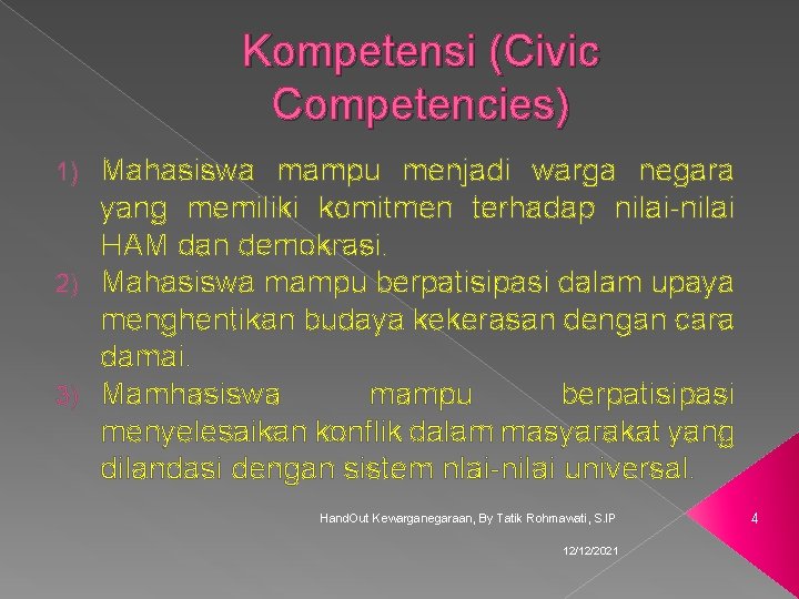 Kompetensi (Civic Competencies) Mahasiswa mampu menjadi warga negara yang memiliki komitmen terhadap nilai-nilai HAM