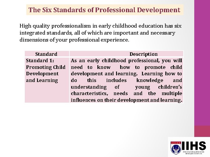 The Six Standards of Professional Development High quality professionalism in early childhood education has