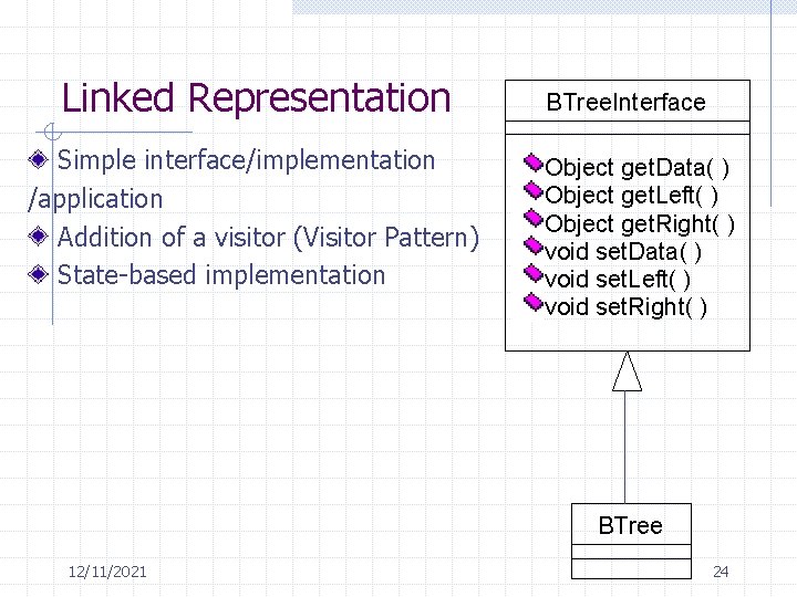 Linked Representation Simple interface/implementation /application Addition of a visitor (Visitor Pattern) State-based implementation BTree.