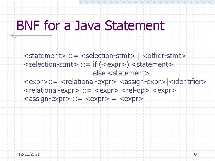 BNF for a Java Statement <statement> : : = <selection-stmt> | <other-stmt> <selection-stmt> :