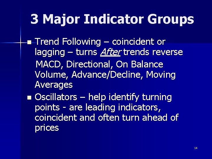 3 Major Indicator Groups Trend Following – coincident or lagging – turns After trends