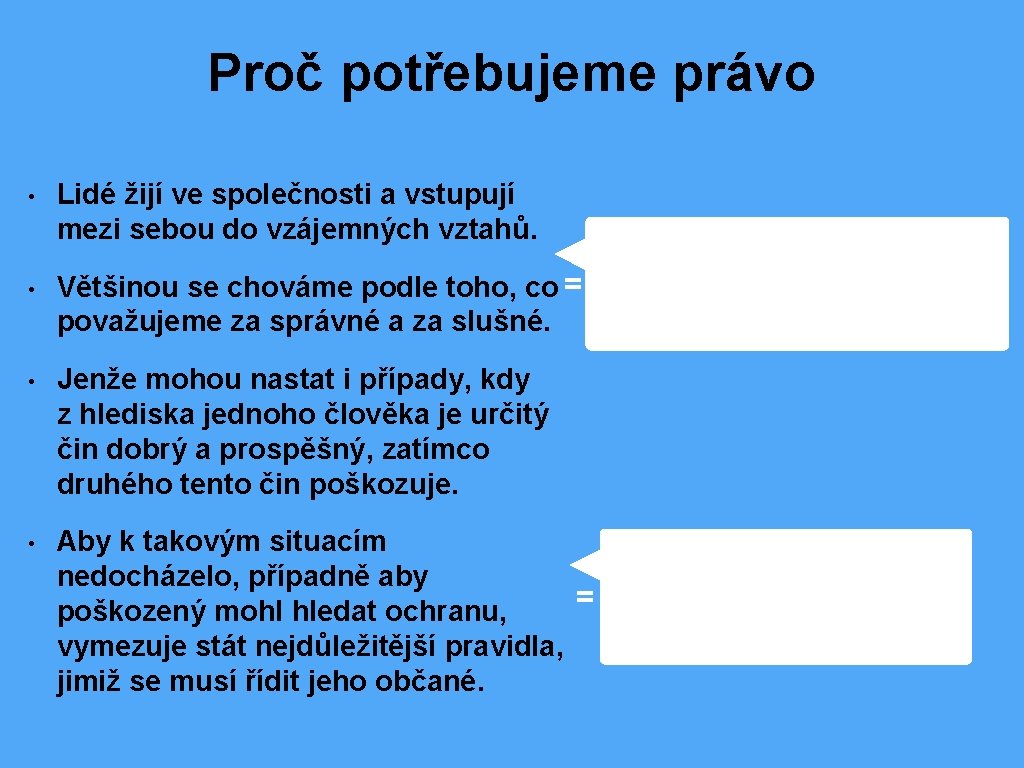 Proč potřebujeme právo • • Lidé žijí ve společnosti a vstupují mezi sebou do