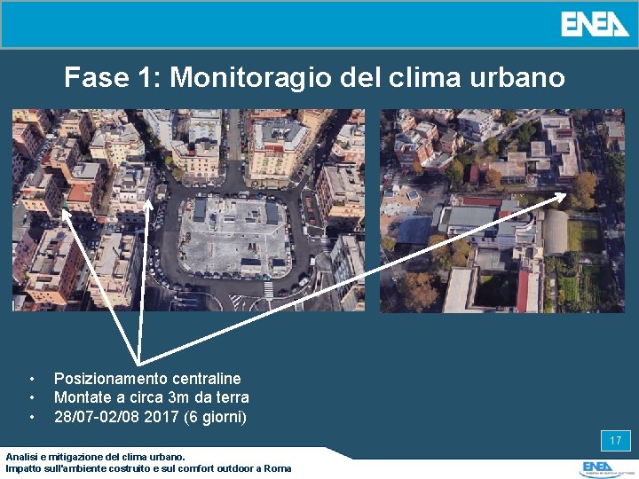 Fase 1: Monitoragio del clima urbano • • • Posizionamento centraline Montate a circa