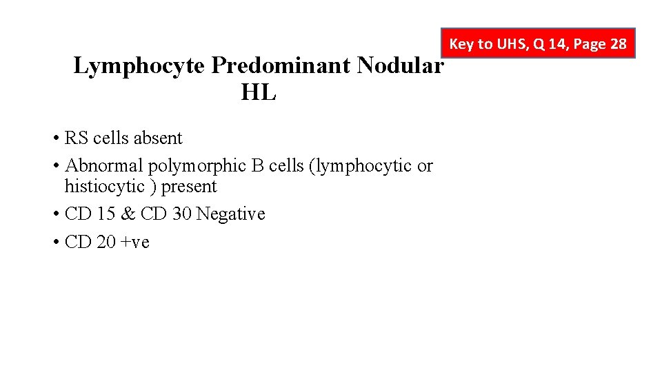 Lymphocyte Predominant Nodular HL • RS cells absent • Abnormal polymorphic B cells (lymphocytic