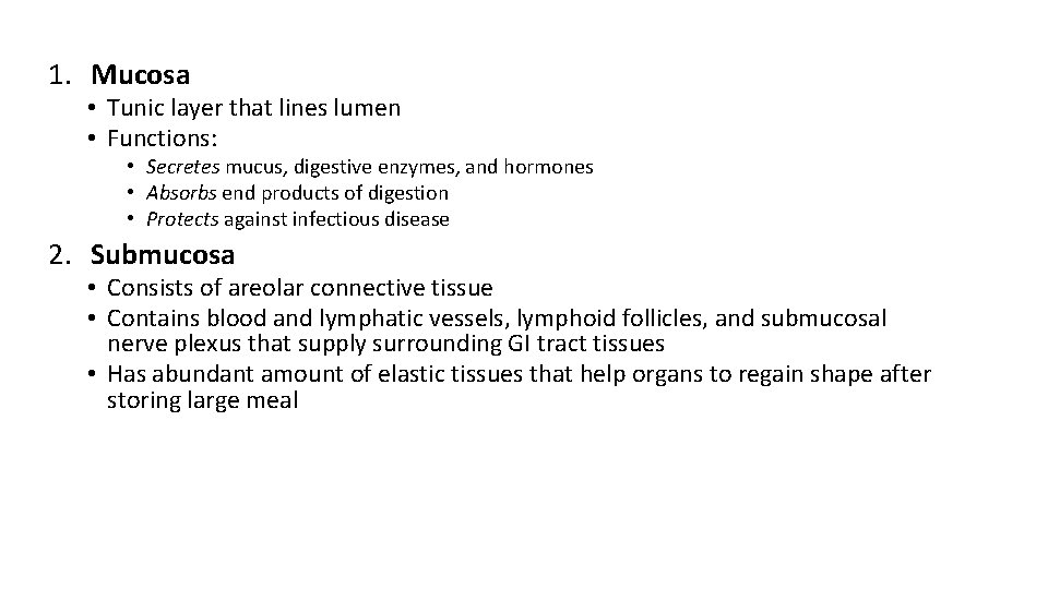 1. Mucosa • Tunic layer that lines lumen • Functions: • Secretes mucus, digestive