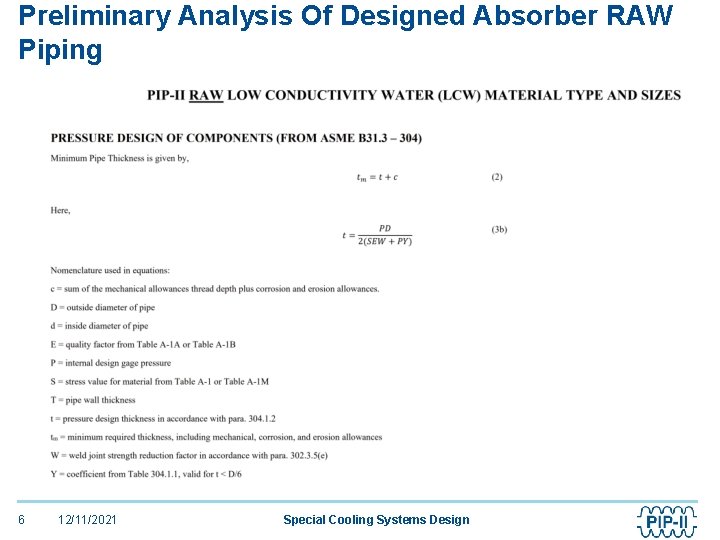 Preliminary Analysis Of Designed Absorber RAW Piping 6 12/11/2021 Special Cooling Systems Design 