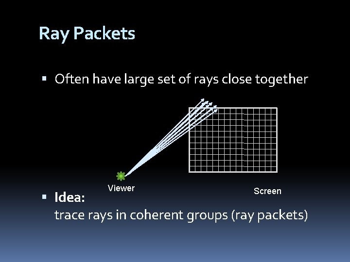 Ray Packets Often have large set of rays close together Viewer Screen Idea: trace