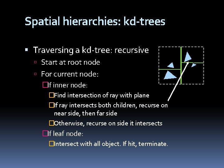 Spatial hierarchies: kd-trees Traversing a kd-tree: recursive Start at root node For current node: