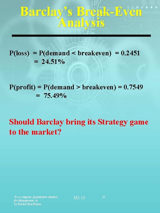 Barclay’s Break-Even Analysis P(loss) = P(demand < breakeven) = 0. 2451 = 24. 51%