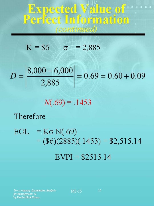 Expected Value of Perfect Information (continued) = 2, 885 K = $6 N(. 69)