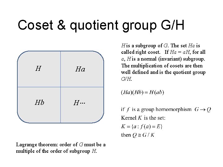 Coset & quotient group G/H H Ha Hb H Lagrange theorem: order of G