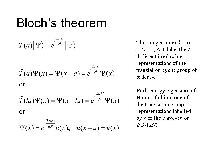 Bloch’s theorem The integer index k = 0, 1, 2, …, N-1 label the