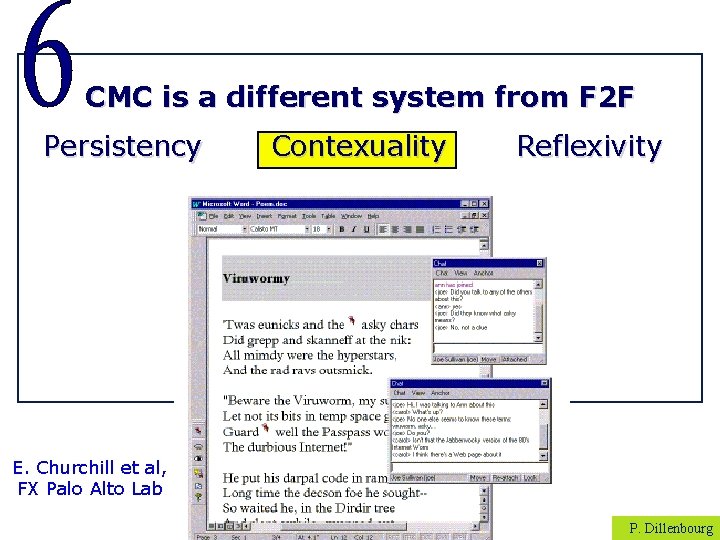 CMC is a different system from F 2 F Persistency Contexuality Reflexivity E. Churchill