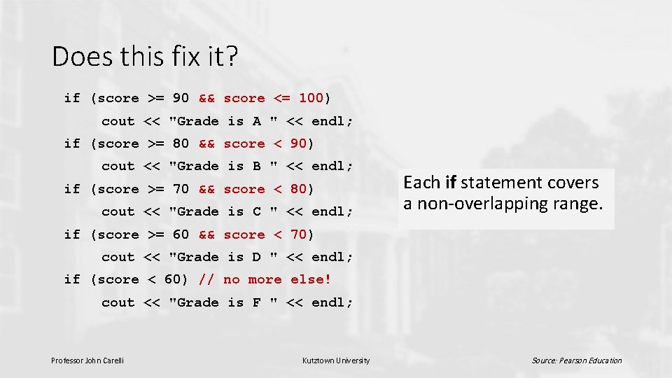Does this fix it? if (score >= 90 && score <= 100) cout <<
