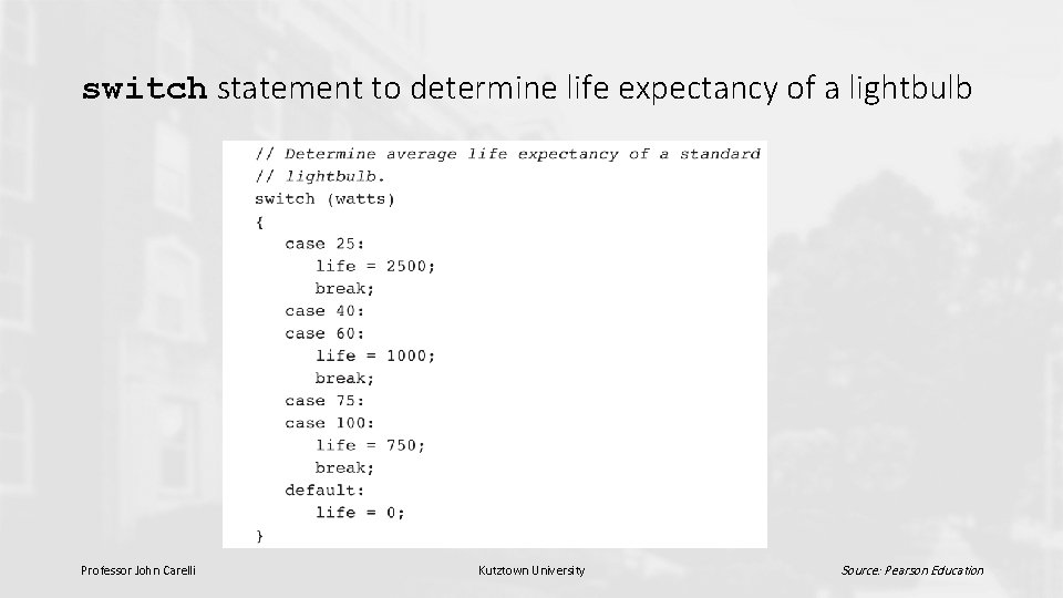 switch statement to determine life expectancy of a lightbulb Professor John Carelli Kutztown University